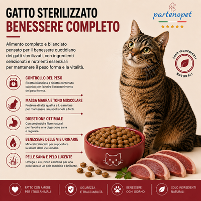 Sacco da 10 kg di crocchette Partenopet Sterilised Cat all'anatra per gatti sterilizzati, alimento naturale pressato a freddo prodotto in Italia, senza conservanti né coloranti.