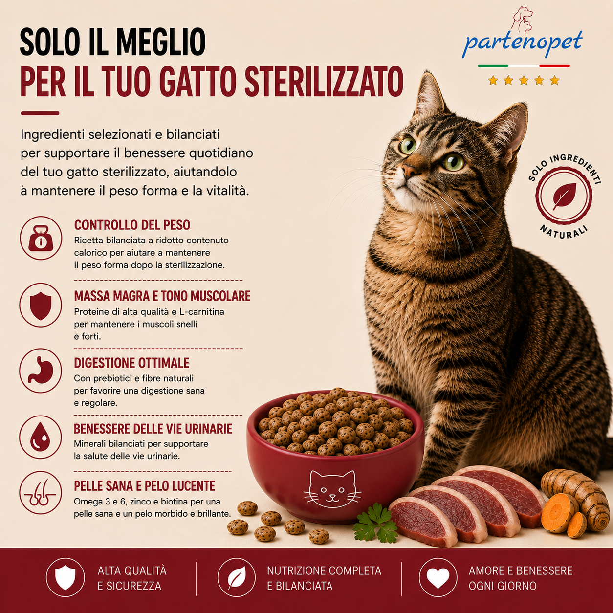 Sacco da 10 kg di crocchette Partenopet Sterilised Cat all'anatra per gatti sterilizzati, alimento naturale pressato a freddo prodotto in Italia, senza conservanti né coloranti.