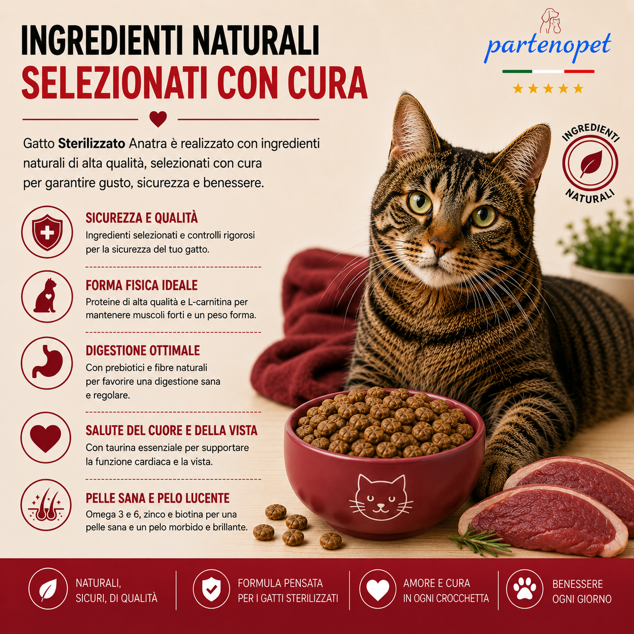 Sacco da 10 kg di crocchette Partenopet Sterilised Cat all'anatra per gatti sterilizzati, alimento naturale pressato a freddo prodotto in Italia, senza conservanti né coloranti.