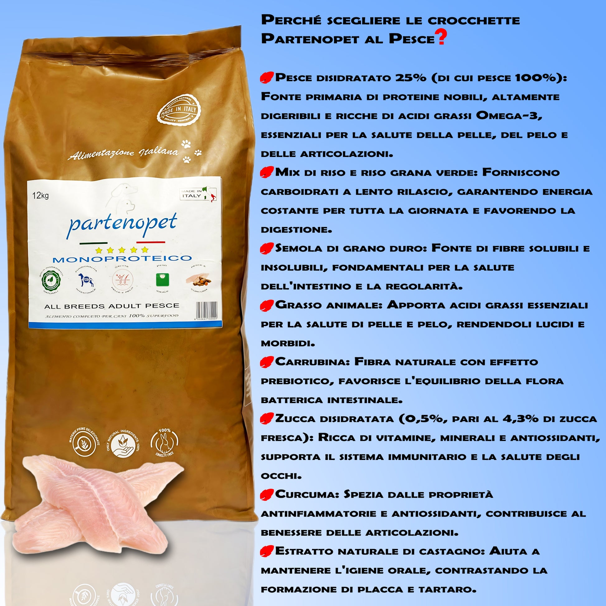 Partenopet Adult All Breeds Mono Pesce e Zucca Crocchette per Cani 100% Naturali 12 kg - Partenopet