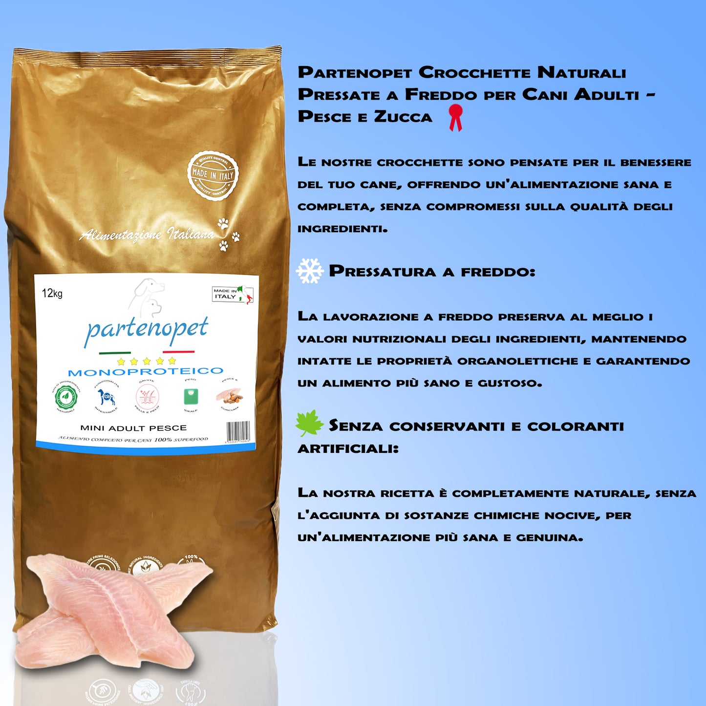 Partenopet Adult Mini Monoproteico Pesce e Zucca Crocchette per Cani 100% Naturali 12 kg (copia) - Partenopet