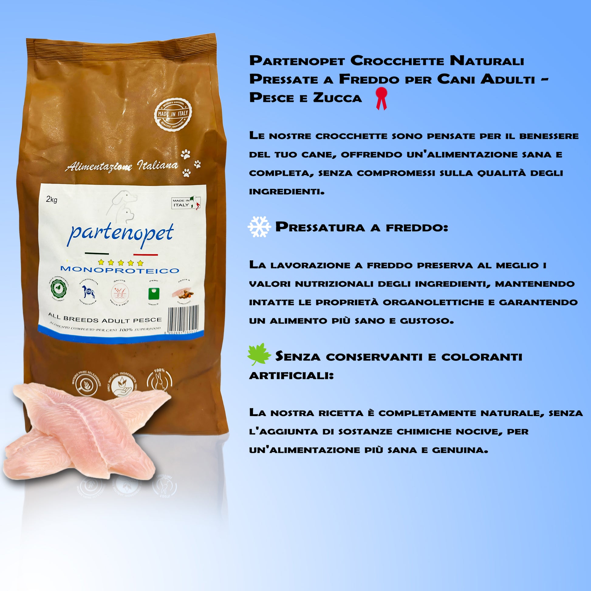 Partenopet Adult All Breeds Mono Pesce e Zucca Crocchette per Cani 100% Naturali 2 kg - Partenopet