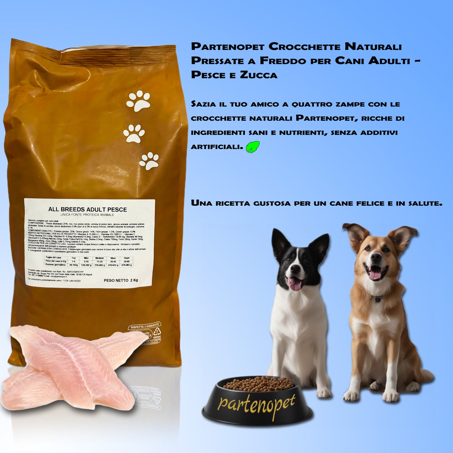 Partenopet Adult All Breeds Mono Pesce e Zucca Crocchette per Cani 100% Naturali 2 kg - Partenopet