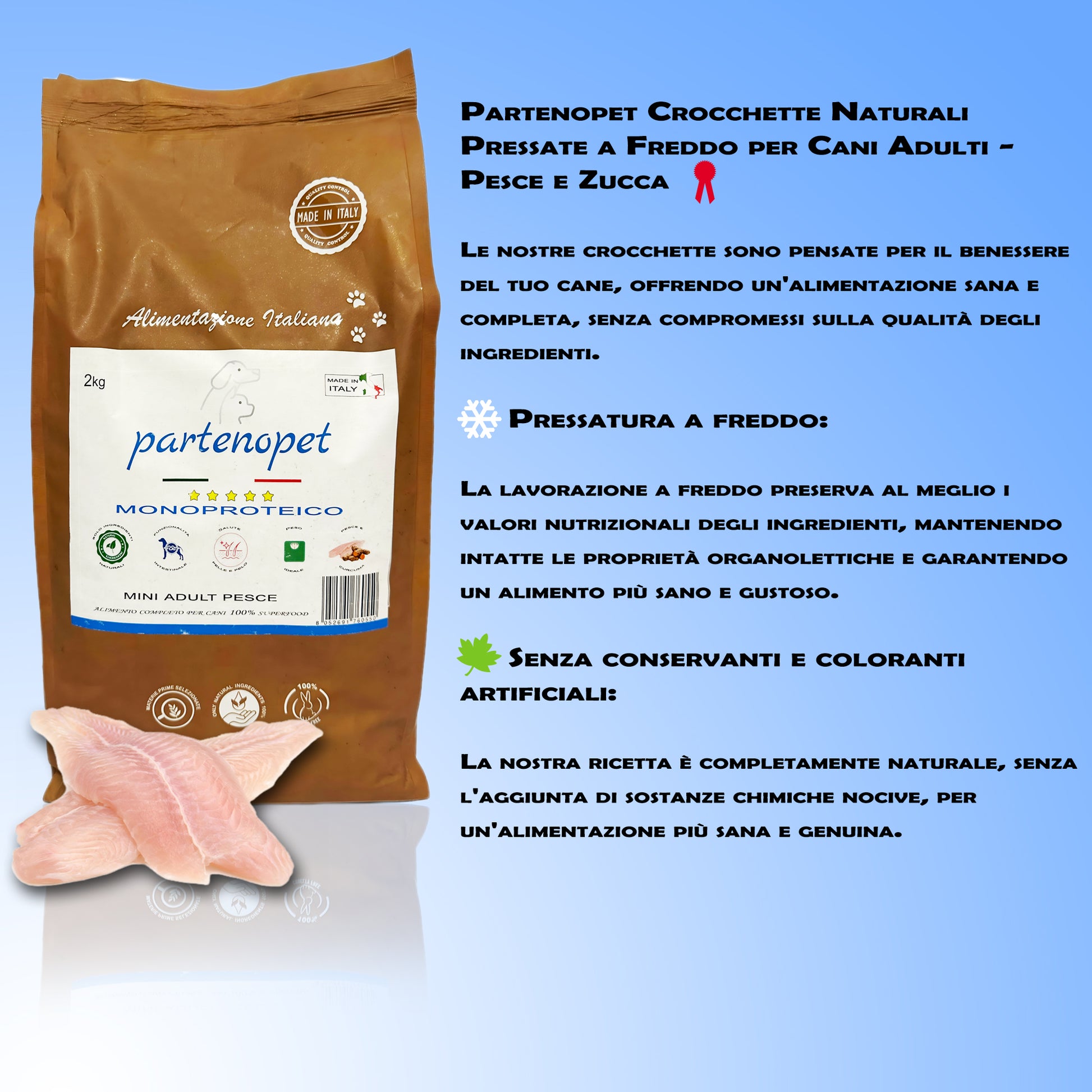 Partenopet Adult Mini Monoproteico Pesce e Zucca Crocchette per Cani 100% Naturali 2 kg - Partenopet