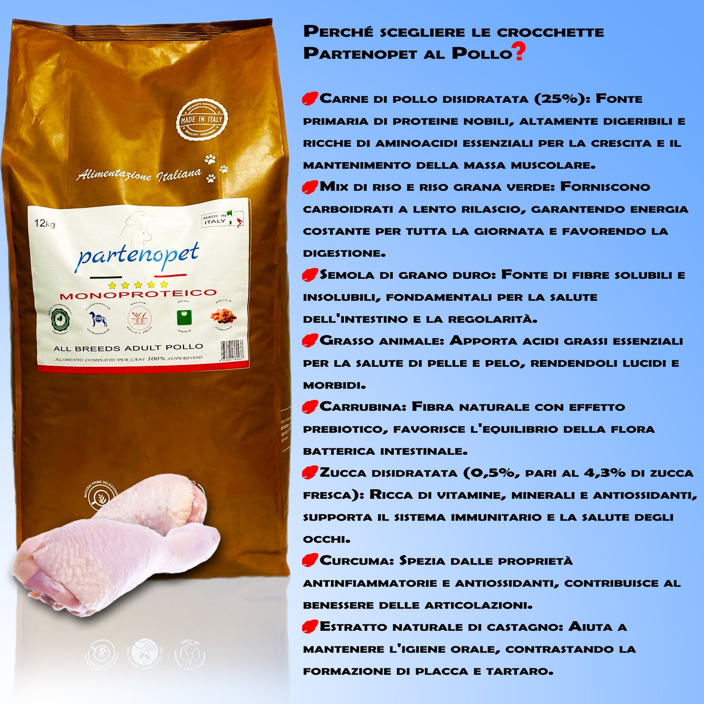 Partenopet Adult All Breeds Mono Pollo e Zucca Crocchette per Cani 100% Naturali 12 kg - Partenopet