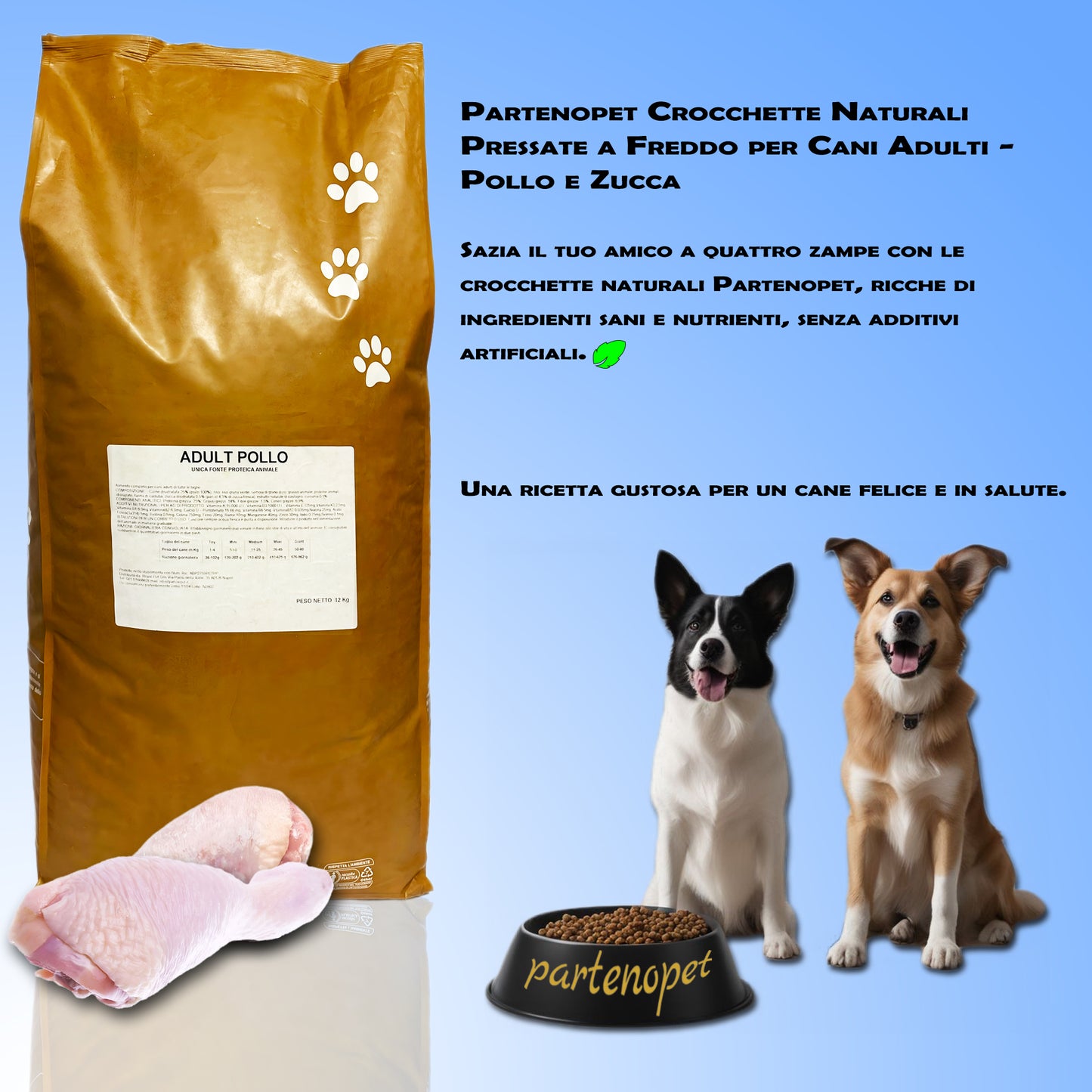 Partenopet Adult All Breeds Mono Pollo e Zucca Crocchette per Cani 100% Naturali 12 kg - Partenopet