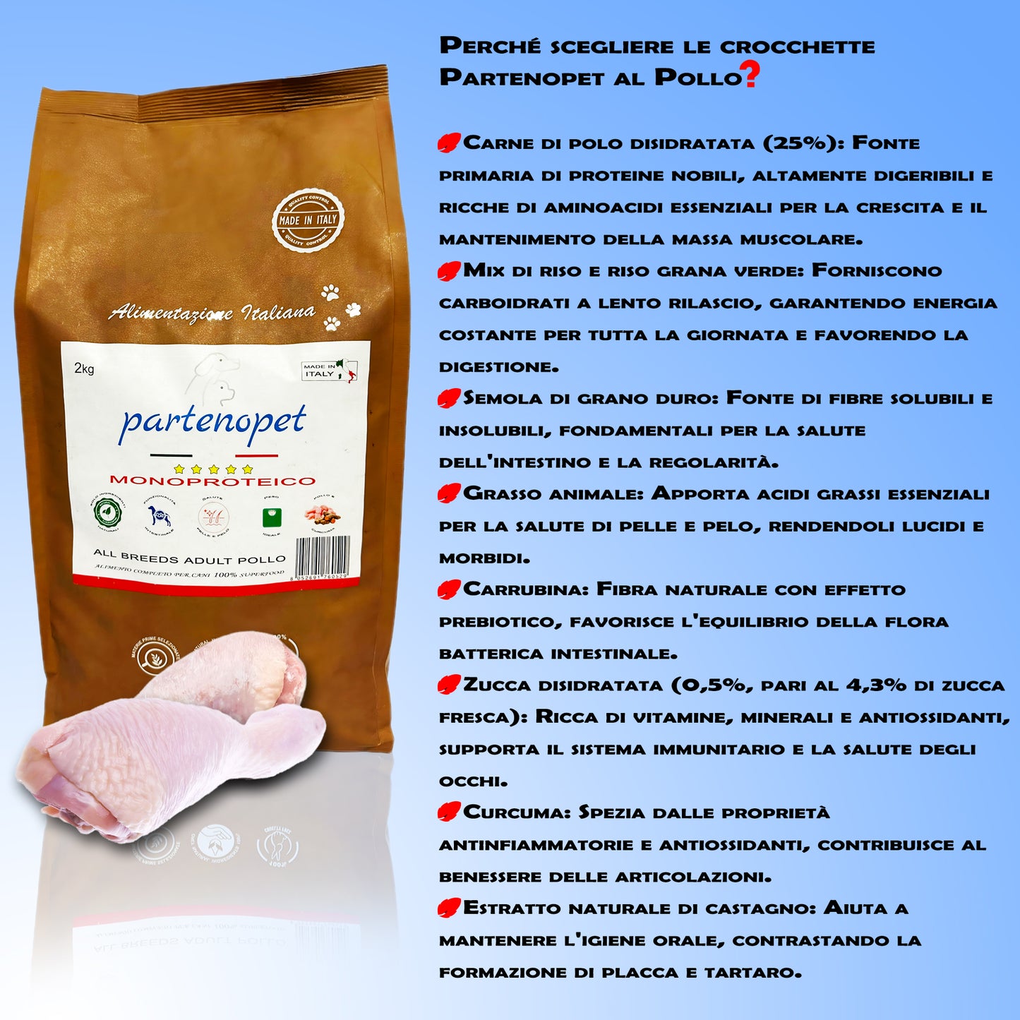 Partenopet Adult All Breeds Mono Pollo e Zucca Crocchette per Cani 100% Naturali 2 kg - Partenopet