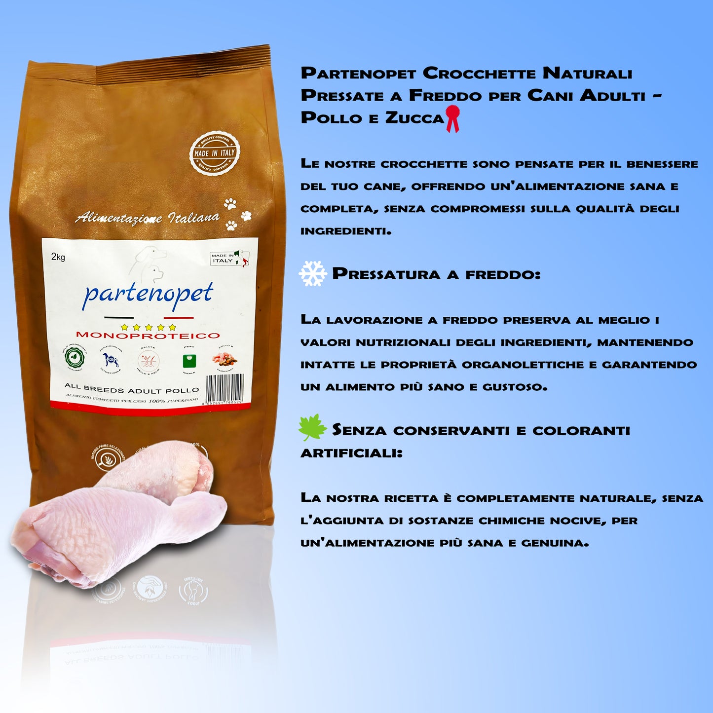 Partenopet Adult All Breeds Mono Pollo e Zucca Crocchette per Cani 100% Naturali 2 kg - Partenopet