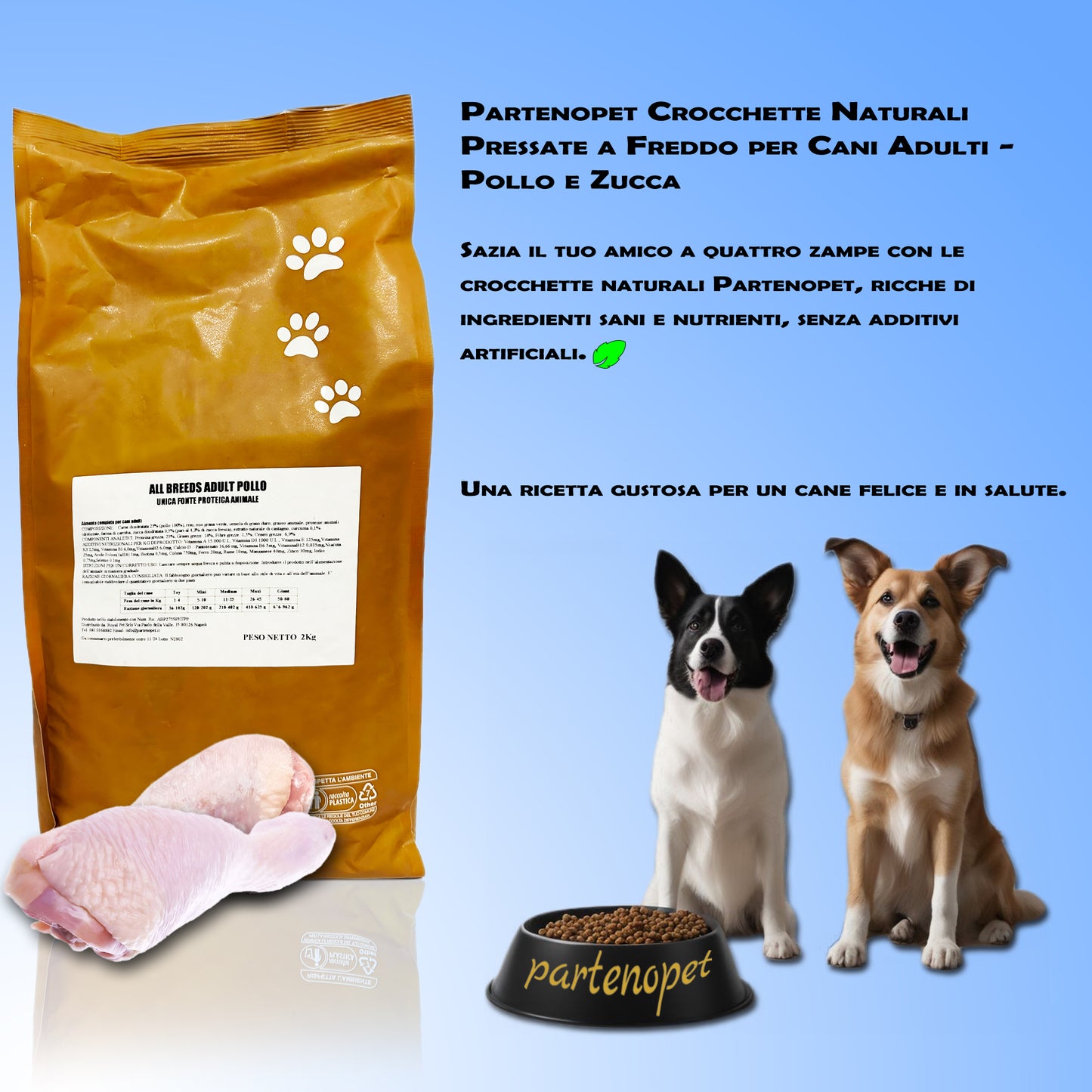 Partenopet Adult All Breeds Mono Pollo e Zucca Crocchette per Cani 100% Naturali 2 kg - Partenopet