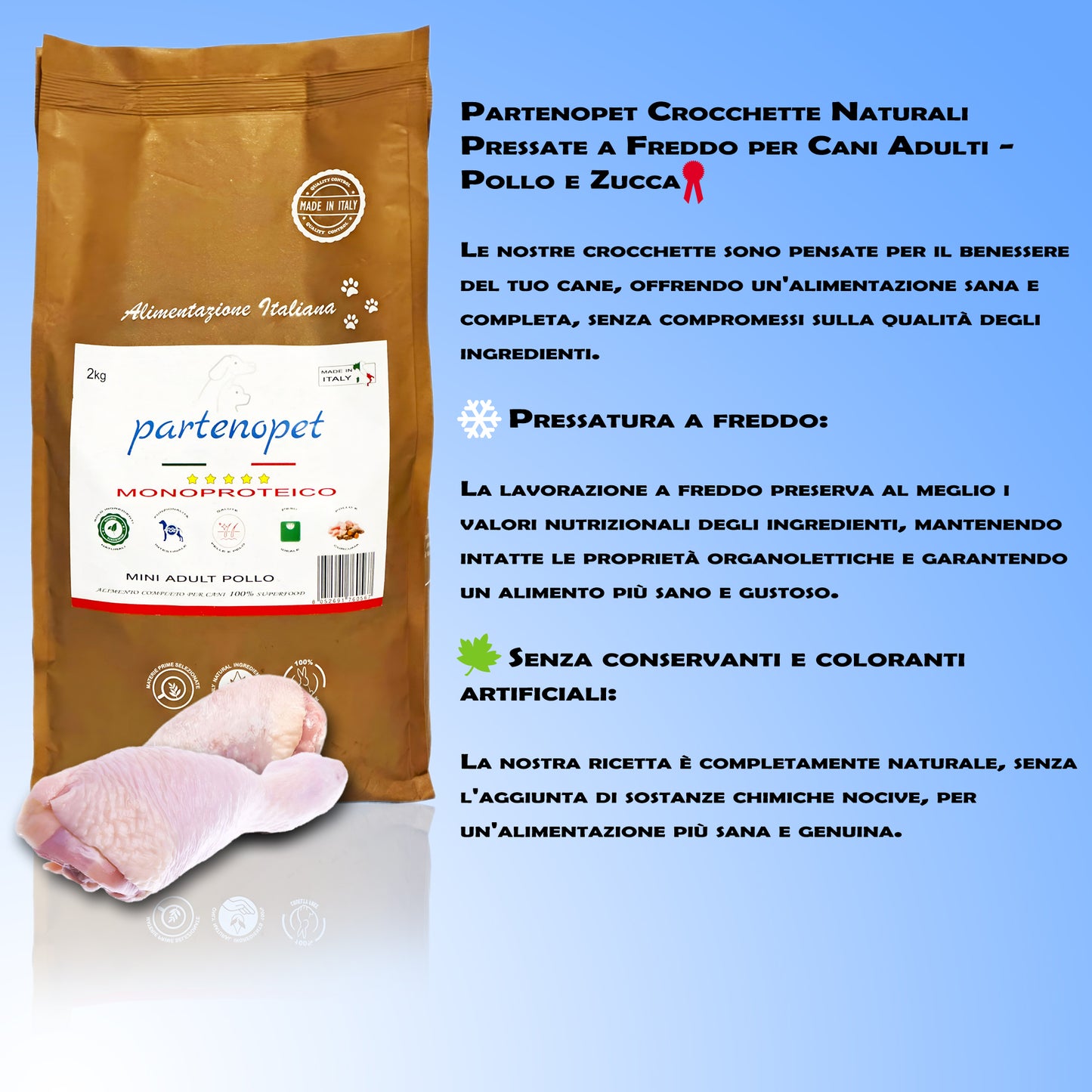 Partenopet Adult Mini Monoproteico Pollo e Zucca Crocchette per Cani 100% Naturali 2 kg - Partenopet