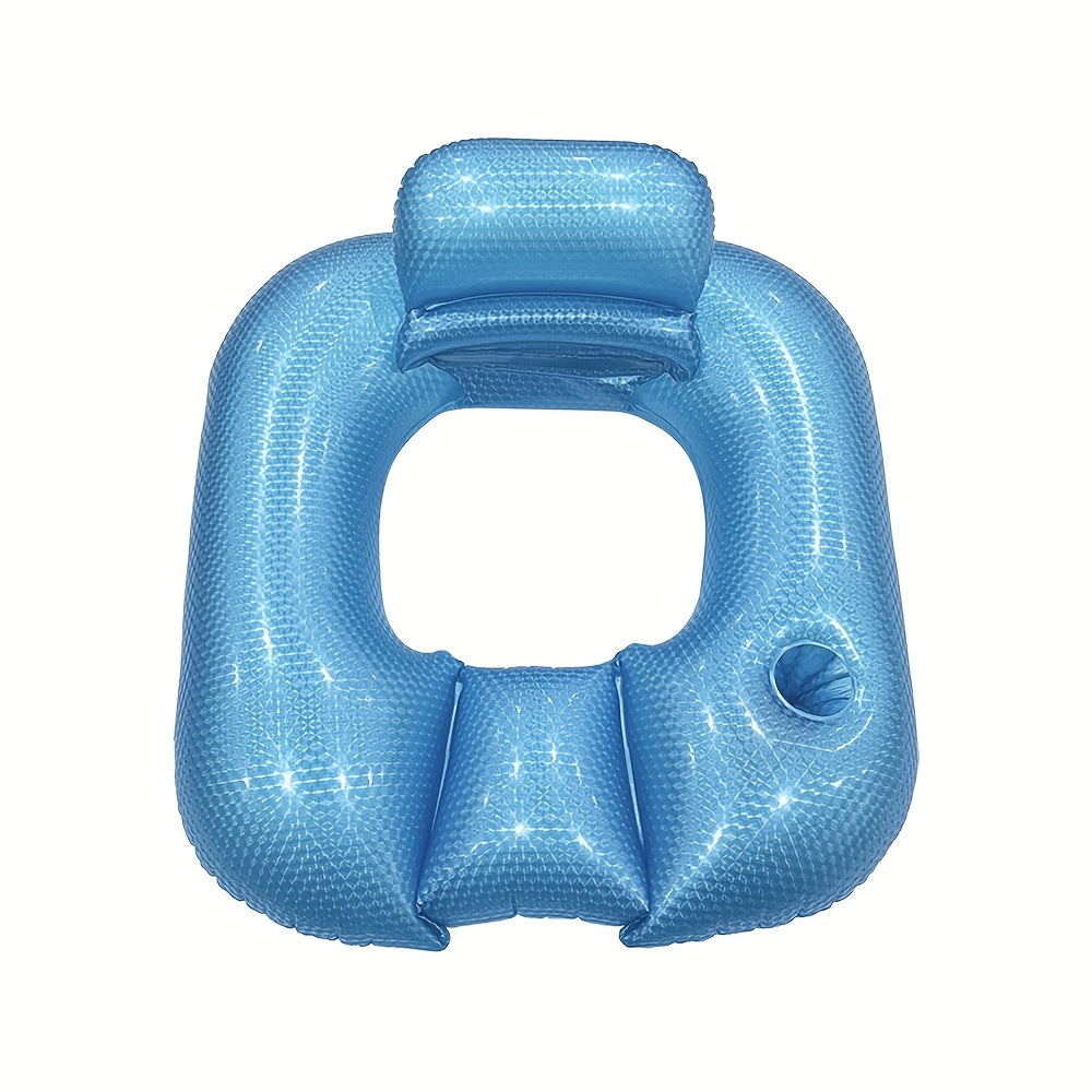 Poltrona galleggiante quadrata per piscina colore perlato con foro centrale, schienale e porta bevande, dimensioni 80x85 cm, ideale per relax estivo.