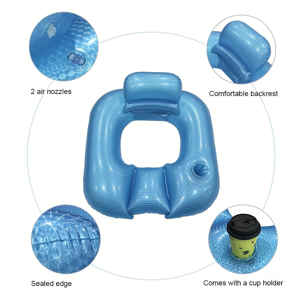 Poltrona galleggiante quadrata per piscina colore perlato con foro centrale, schienale e porta bevande, dimensioni 80x85 cm, ideale per relax estivo.