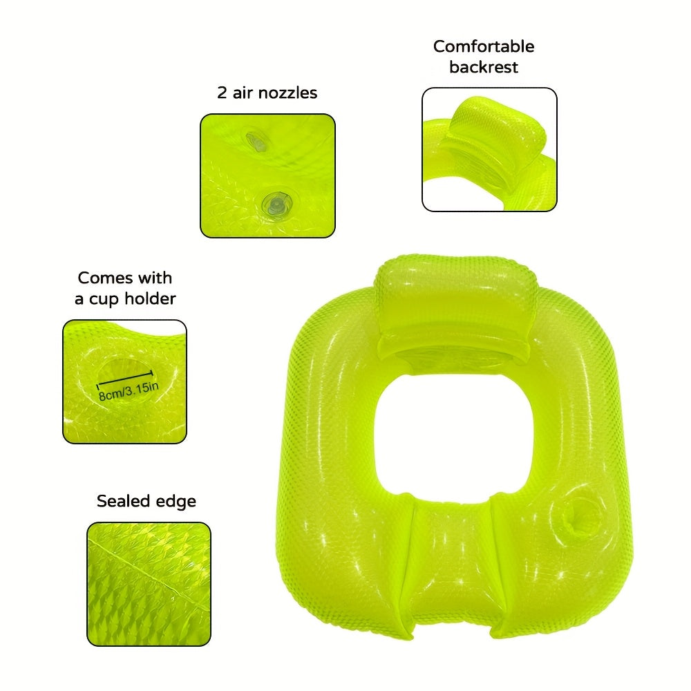 Poltrona galleggiante quadrata per piscina colore perlato con foro centrale, schienale e porta bevande, dimensioni 80x85 cm, ideale per relax estivo.