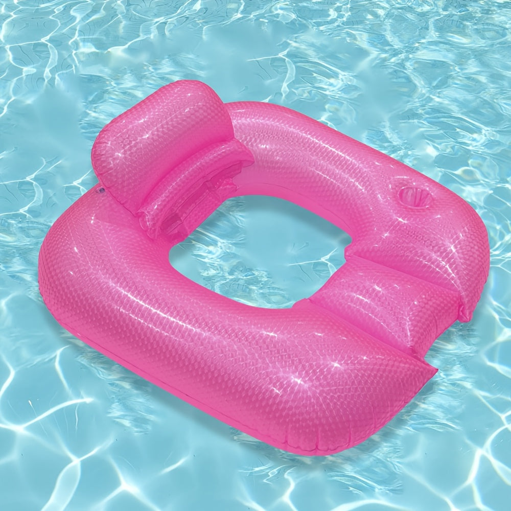 Poltrona galleggiante quadrata per piscina colore perlato con foro centrale, schienale e porta bevande, dimensioni 80x85 cm, ideale per relax estivo.