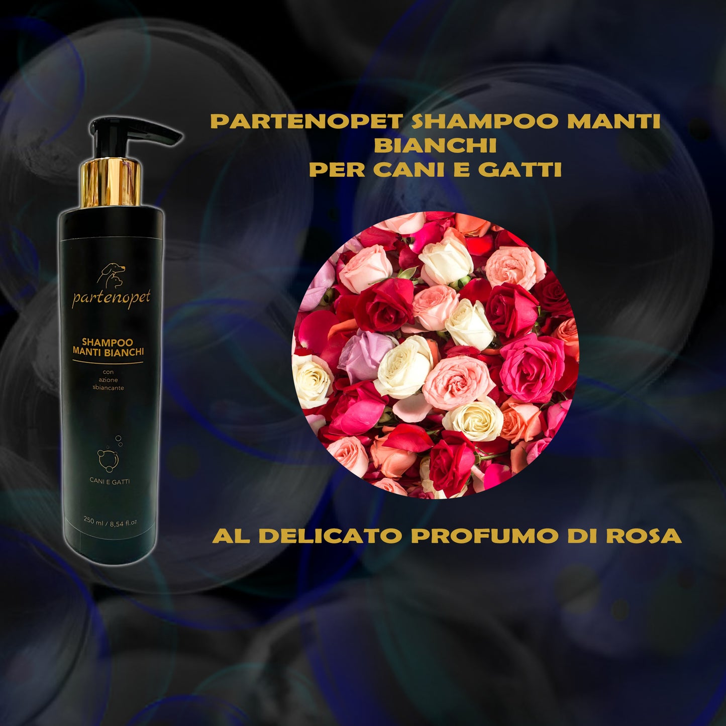 Partenopet Shampoo Manti Bianchi per Cani e Gatti con Cheratina Oli Essenziali ed Estratti vegetali Profumato alla Rosa 250 ml - Partenopet