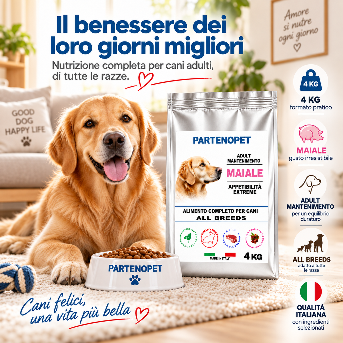 Tabella della razione giornaliera indicativa delle crocchette Partenopet Dog Adult Maiale per cani adulti