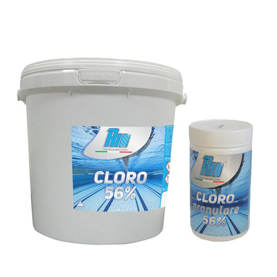Secchiello di Rio Cloro Granulare 56% in microperle a rapido scioglimento, dicloro professionale per trattamento d'urto e shock piscina, azione antialghe e azzurrante, formati da 1kg a 50kg.