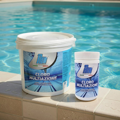 Barattolo di Rio Cloro Multiazione in pastiglie da 20g per piscina, azione 3 in 1 cloro, antialghe e flocculante, specifico per piscine fuori terra e spa.
