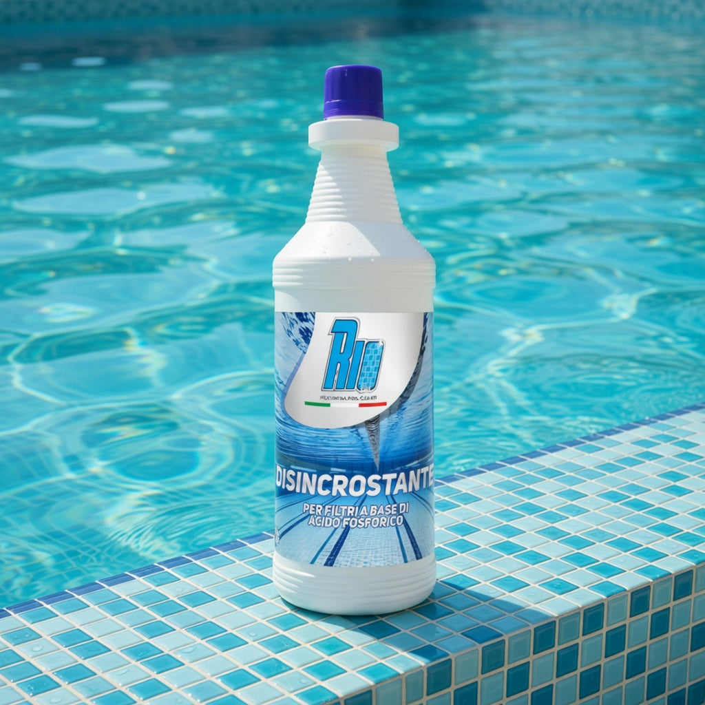 Flacone di Rio Disincrostante liquido professionale da 1kg per la pulizia e disinfezione di filtri piscina a sabbia e cartuccia, prodotto Made in Italy per eliminare il calcare.