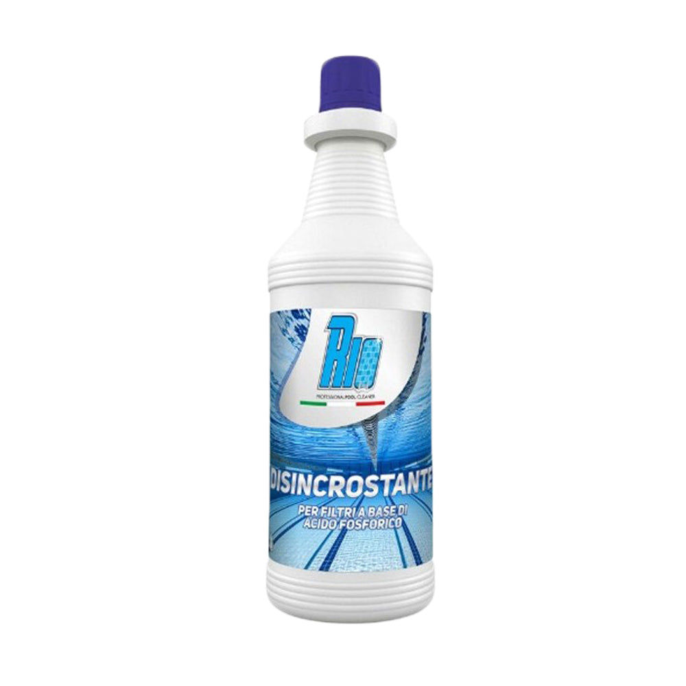 Flacone di Rio Disincrostante liquido professionale da 1kg per la pulizia e disinfezione di filtri piscina a sabbia e cartuccia, prodotto Made in Italy per eliminare il calcare.