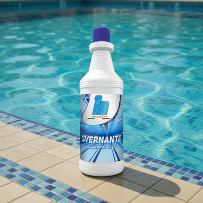 Flacone di Rio Svernante liquido professionale da 1kg per la conservazione invernale della piscina, prodotto Made in Italy antialghe e anticalcare per acque sotto i 17 gradi.