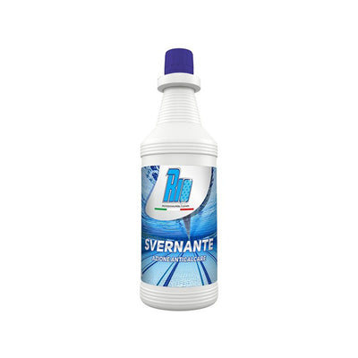 Flacone di Rio Svernante liquido professionale da 1kg per la conservazione invernale della piscina, prodotto Made in Italy antialghe e anticalcare per acque sotto i 17 gradi.