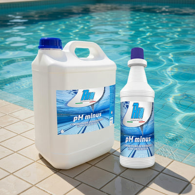 Tanica di Rio pH Meno liquido, correttore di acidità professionale a base di acido solforico per abbassare il pH della piscina, ideale per dosaggio manuale o automatico.
