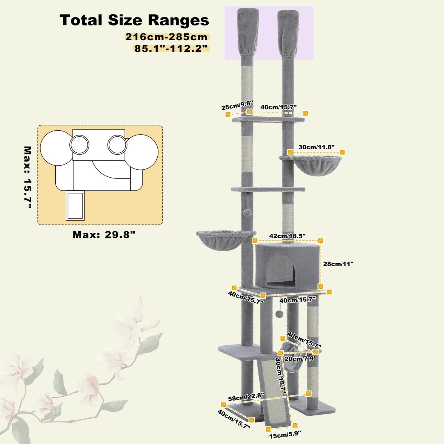 Tiragraffi Albero per Gatti da Pavimento a Soffitto | Cat Tree Regolabile con Cuccia, Amaca e Pali in Sisal
