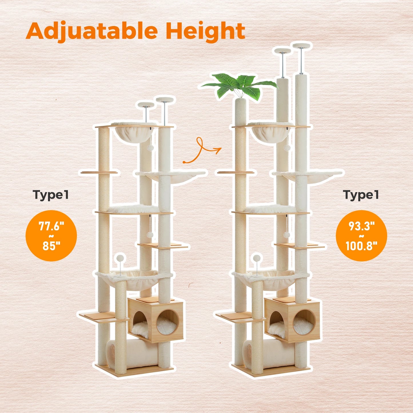 Tiragraffi Soffitto-Pavimento in Legno – Albero per Gatti Regolabile Multipiano con Amaca XL, Cuccia e Pali in Sisal