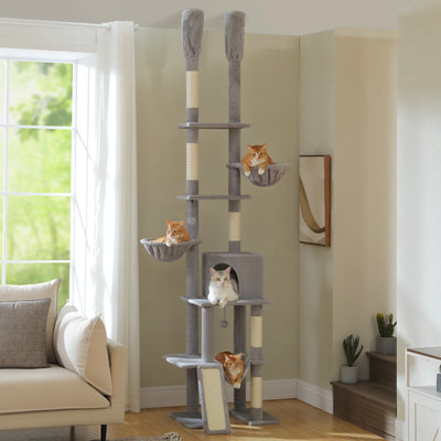 Tiragraffi Albero per Gatti da Pavimento a Soffitto | Cat Tree Regolabile con Cuccia, Amaca e Pali in Sisal