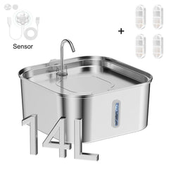 Fontanella per Cani e Gatti 14L in Acciaio Inox 304 con Filtro e Indicatore Livello Acqua – 4Chips Sensor