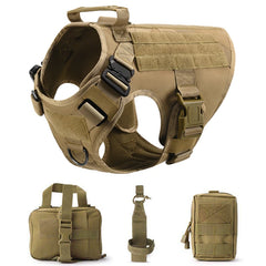 Pettorina Tattica per Cani Grandi MOLLE Regolabile con Maniglia e Attacchi Guinzaglio – Brown 4 piece set