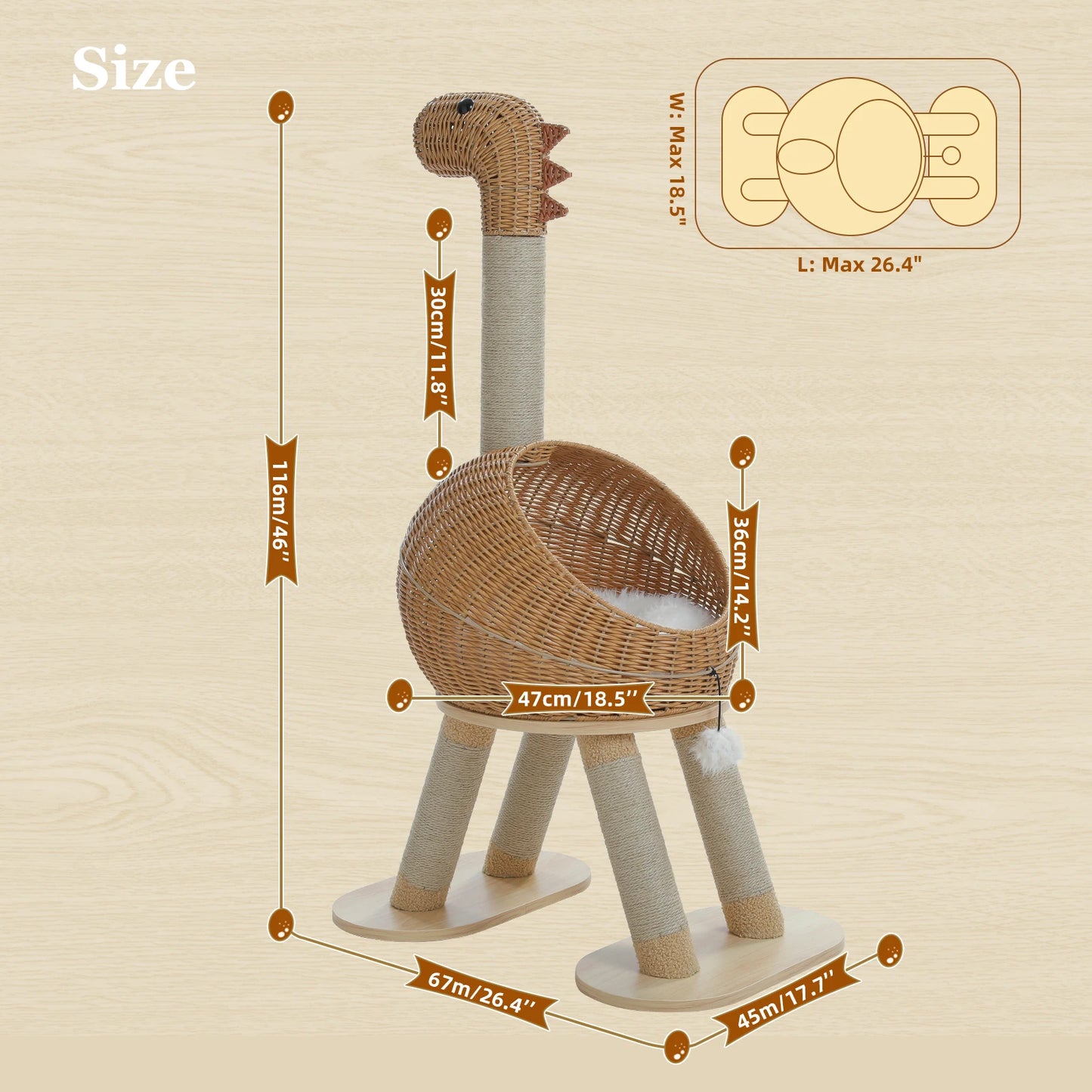 Tiragraffi per Gatti Dinosauro 116 cm con Cuccia in Rattan e Sisal