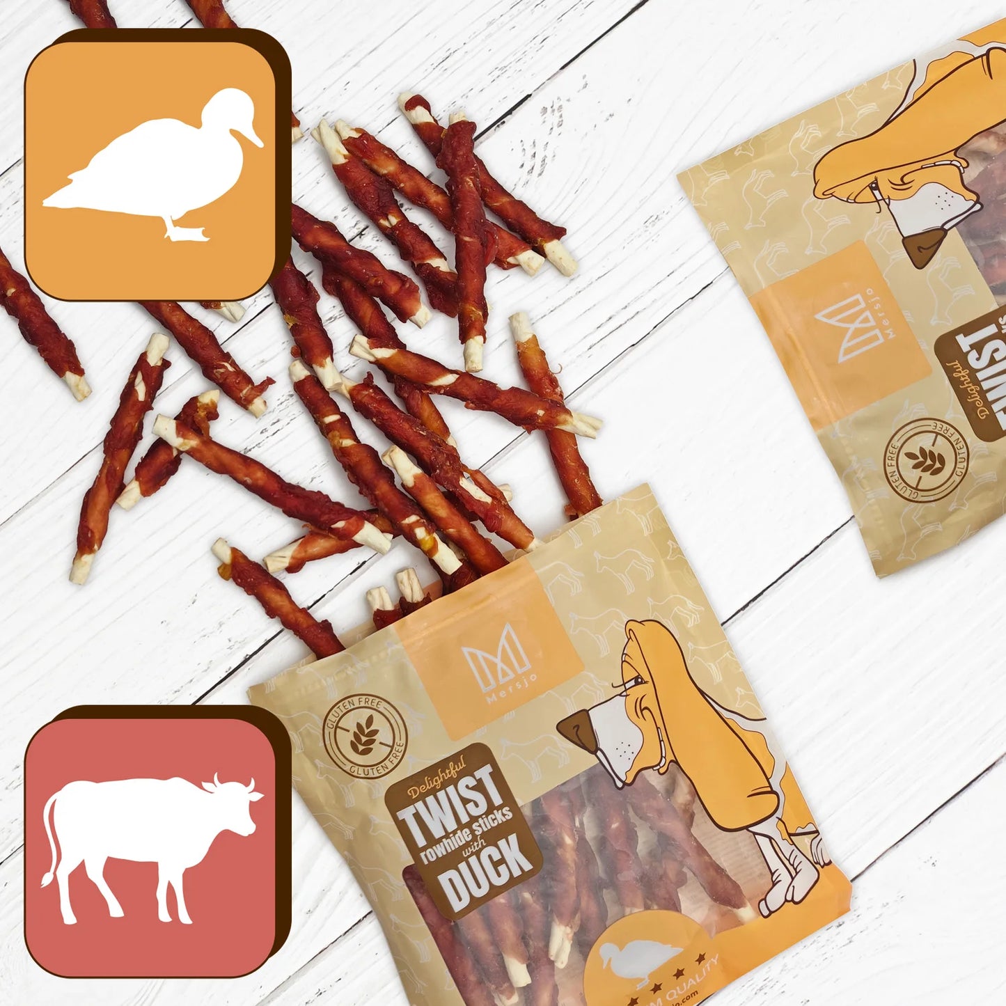 Snack Masticativo per Cani Mersjo con Anatra e Pelle Naturale 500 g – Bastoncini Twist