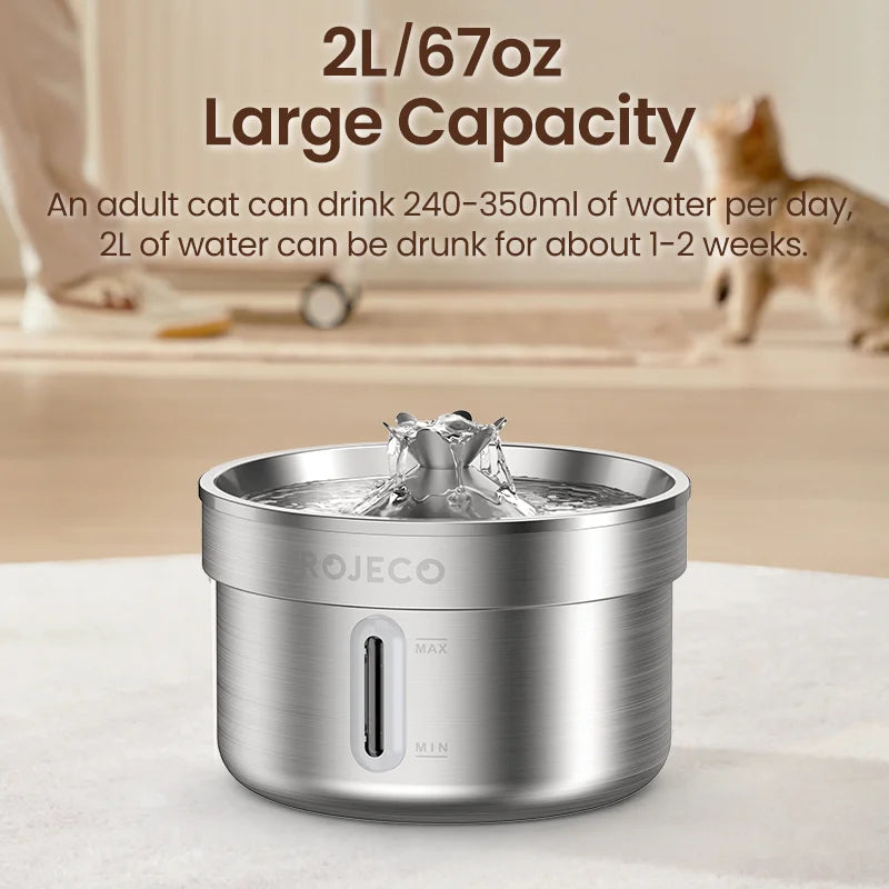 ROJECO Fontanella Automatica per Gatti 2L in Acciaio Inox 304 con Doppio Filtro