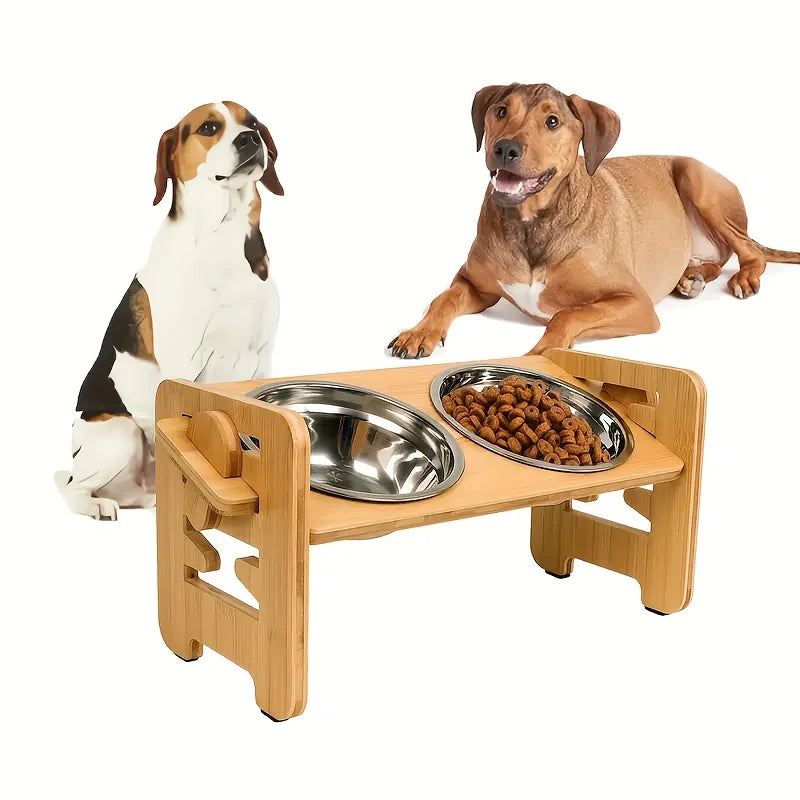 Supporto Ciotole Rialzato in Bambù con 6 Altezze Regolabili – Porta Ciotole Doppie in Acciaio per Cani e Gatti di Tutte le Taglie (Ergonomico e Antiscivolo)
