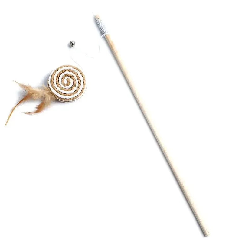 Bacchetta Gioco per Gatti con Piume Colorate e Pendaglio | Cat Wand Interattiva in Legno