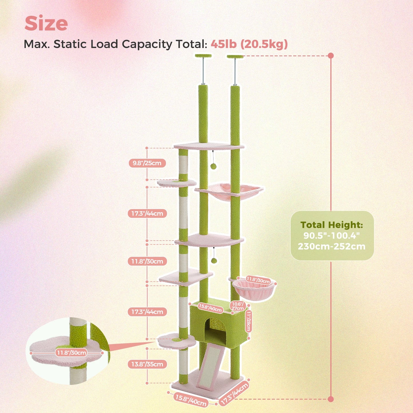 Tiragraffi Albero per Gatti da Pavimento a Soffitto | Cat Tree Regolabile con Cuccia, Amaca e Pali in Sisal