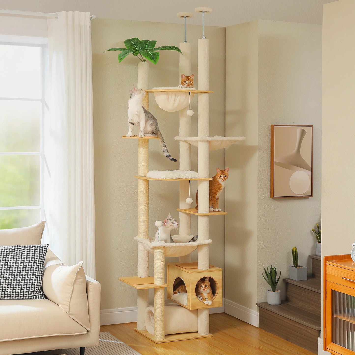 Tiragraffi Soffitto-Pavimento in Legno – Albero per Gatti Regolabile Multipiano con Amaca XL, Cuccia e Pali in Sisal