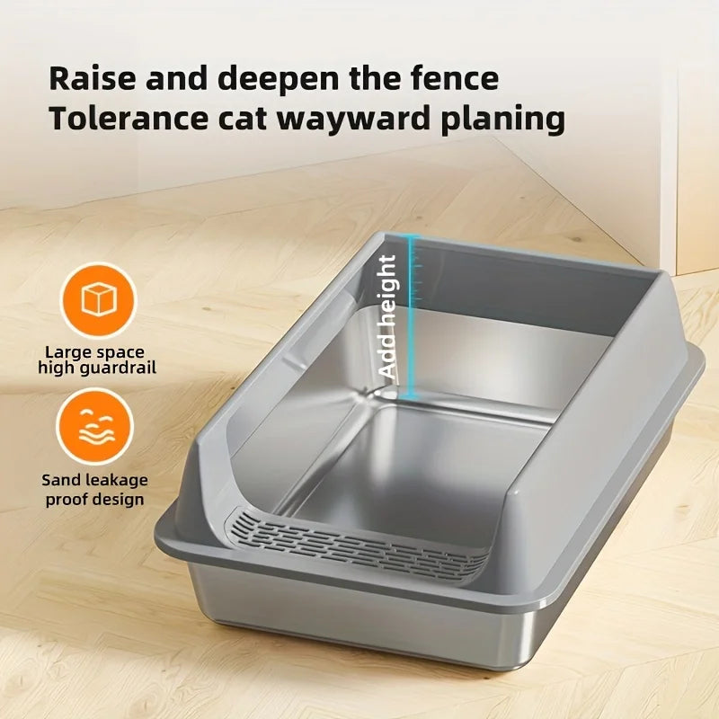 Lettiera per Gatti in Acciaio Inox con Bordo Antischizzo e Coperchio Rimovibile