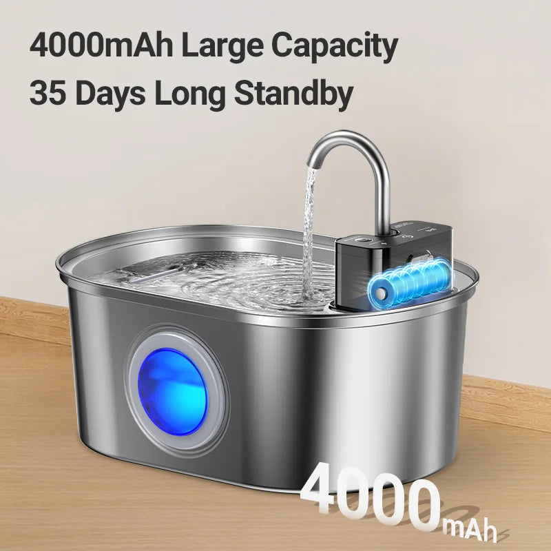Fontanella Automatica per Cani e Gatti 3,2L in Acciaio Inox 304 con Sensore Intelligente, Batteria 4000 mAh e Tripla Modalità di Erogazione