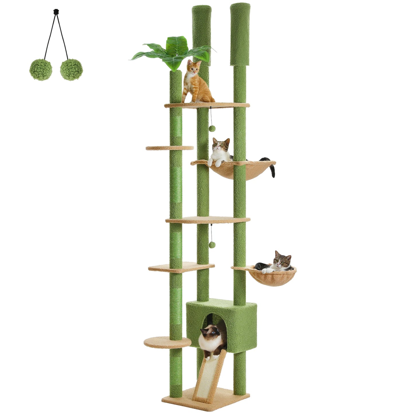 Tiragraffi Soffitto-Pavimento in Legno – Albero per Gatti Regolabile Multipiano con Amaca XL, Cuccia e Pali in Sisal