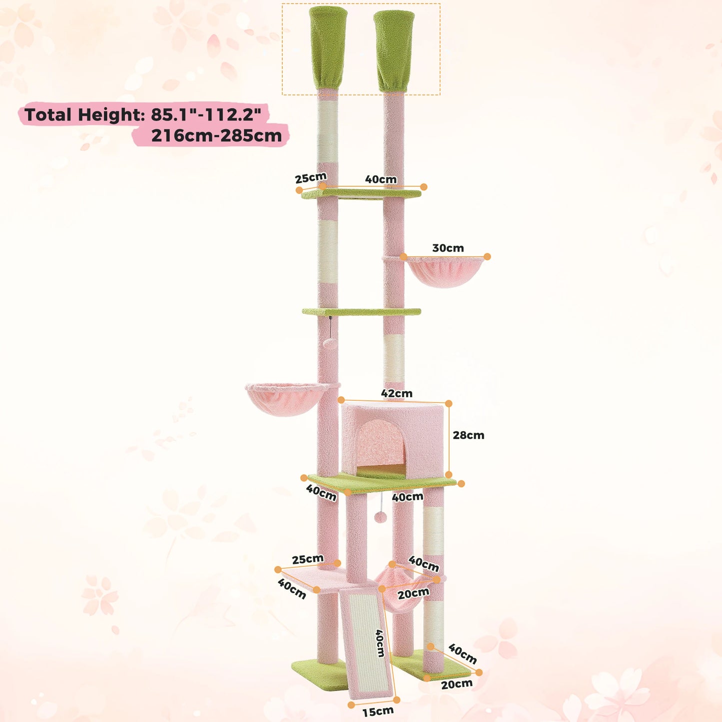 Tiragraffi Albero per Gatti da Pavimento a Soffitto | Cat Tree Regolabile con Cuccia, Amaca e Pali in Sisal