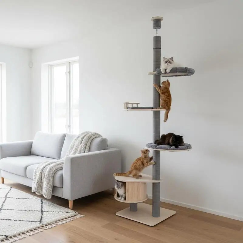 Tiragraffi Soffitto-Pavimento in Legno Multilivello – Torre per Gatti Regolabile (236-271 cm) con Cuccia in Pino, Amaca e Tappetini Lavabili