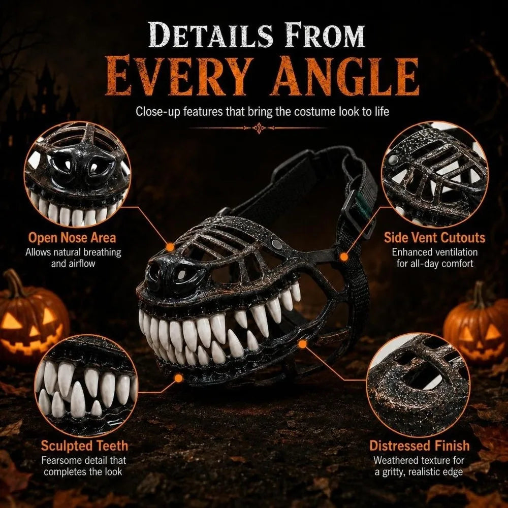 Maschera Mostro Halloween per Cani – Costume Effetto Museruola con Denti 3D