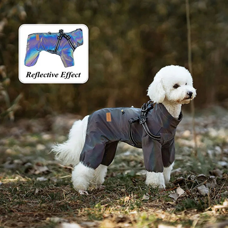 Impermeabile per Cani con Pettorina Integrata – Tuta 4 Zampe Riflettente e Regolabile