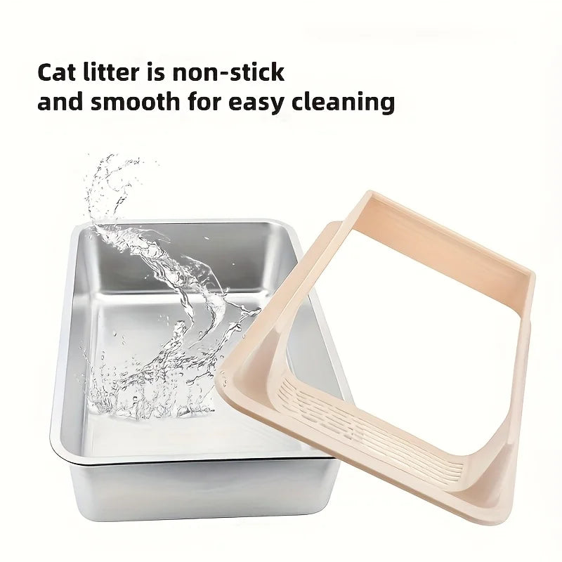 Lettiera per Gatti in Acciaio Inox con Bordo Antischizzo e Coperchio Rimovibile