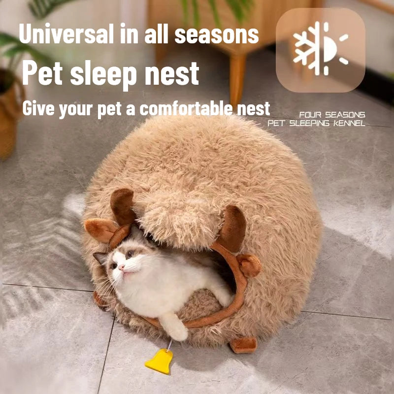 Cuccia Chiusa per Gatti a Forma di Yak – Casetta Calda Invernale Semi-Chiusa con Cuscino Rimovibile – Nido per Gatti e Cani Piccola Taglia