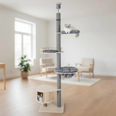 Tiragraffi Soffitto-Pavimento in Legno Multilivello – Torre per Gatti Regolabile (236-271 cm) con Cuccia in Pino, Amaca e Tappetini Lavabili - Partenopet