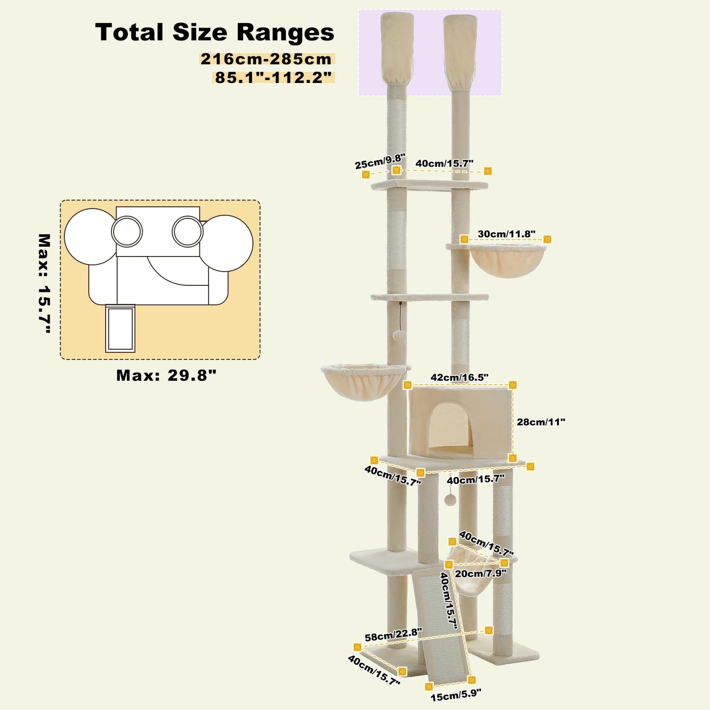 Tiragraffi Albero per Gatti da Pavimento a Soffitto | Cat Tree Regolabile con Cuccia, Amaca e Pali in Sisal